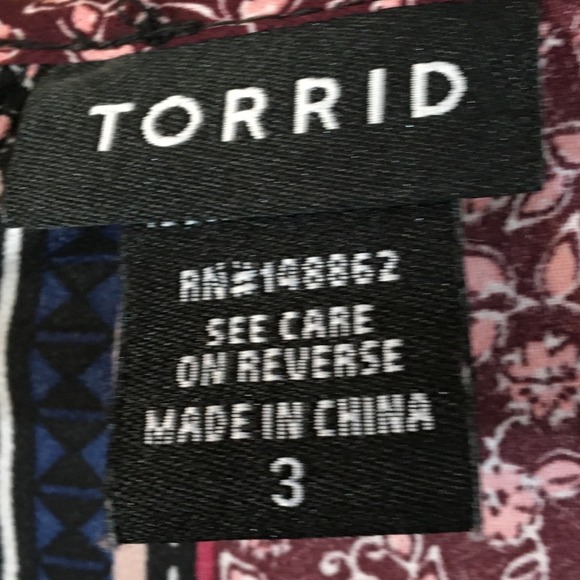 Torrid Boho Stripe Floral‎ Print Blouse Top Shirt Burgundy Blue Women Size 3 - Picture 4 of 6